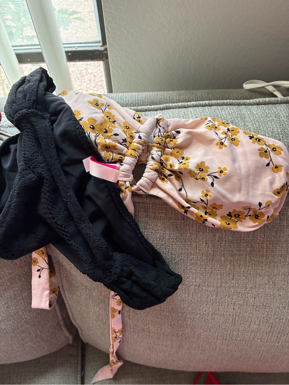 Floral Pink and Mustard Bandeau Bikini Top with Black Lace Trim